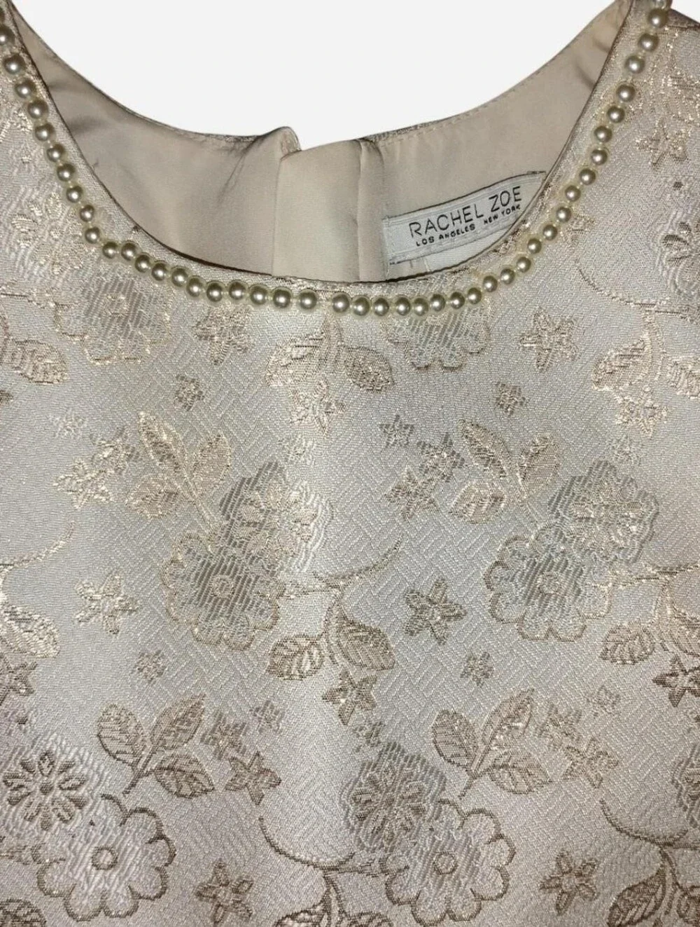 Rachel Zoe Girls Metallic Gold Floral Brocade Dress Pearl Neckline Size 7
